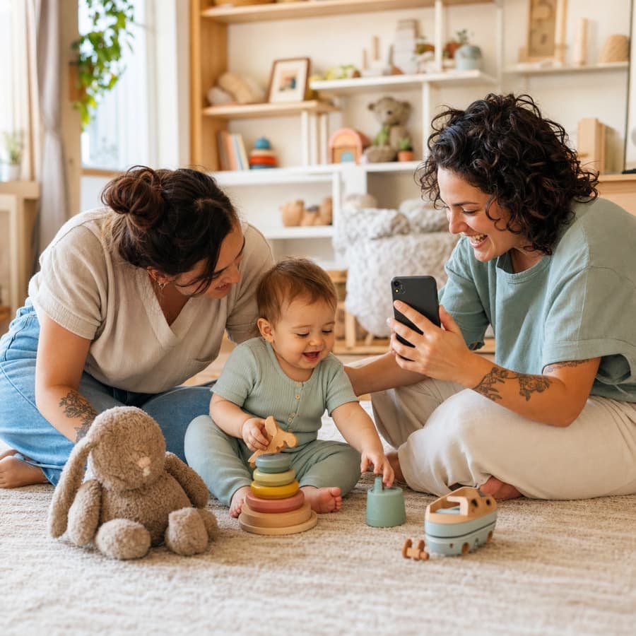 Zwei Eltern halten einen spielerischen Moment mit ihrem Baby fest